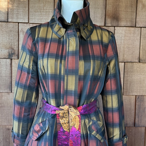 Samuel Dong Classic Bubble Dress Trench Coat in Plaid Floral Brocade Small - Picture 2 of 11